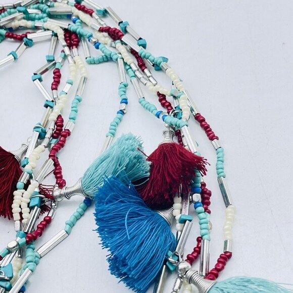 C1946 Multicolor Tassel Necklace Multistrand Silver Tone Blue Red Teal Ethnic - Picture 8 of 9